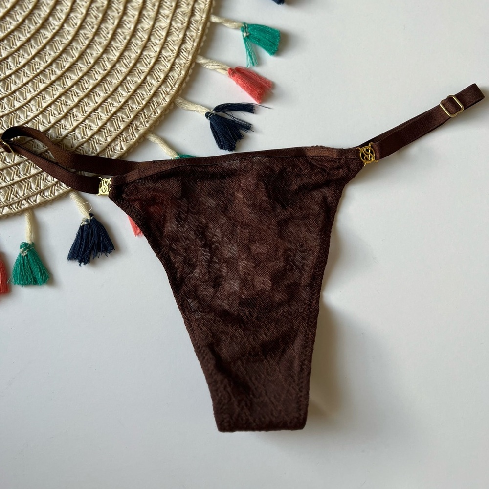 Victoria’s Secret Icon Lace Adjustable Thong Panty Ganache Small NEW